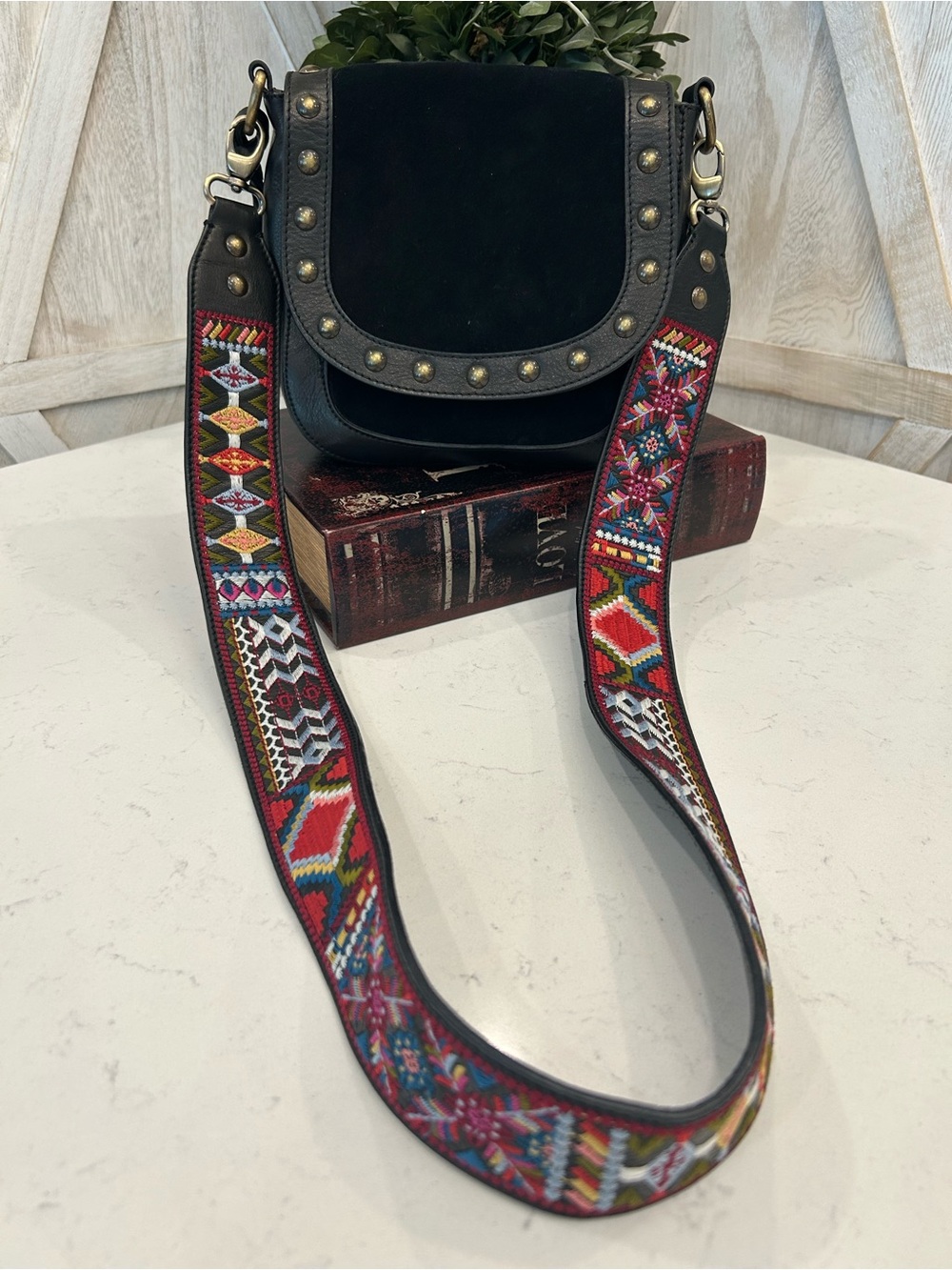 Johnny Was Black Crossbody with Multicolor Embroidered Strap